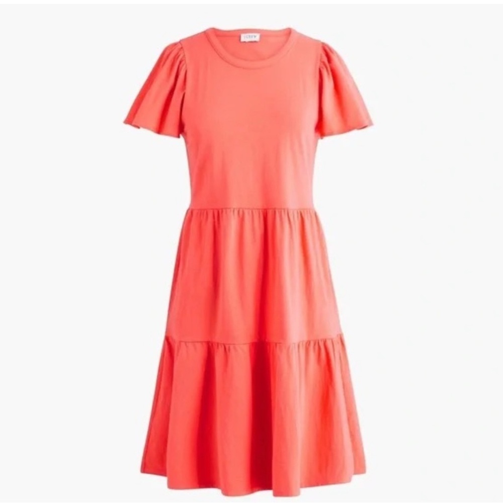 J. Crew Tiered Knit Flutter-Sleeve Deep Coral Mini Dress Teacher Flowy Swing